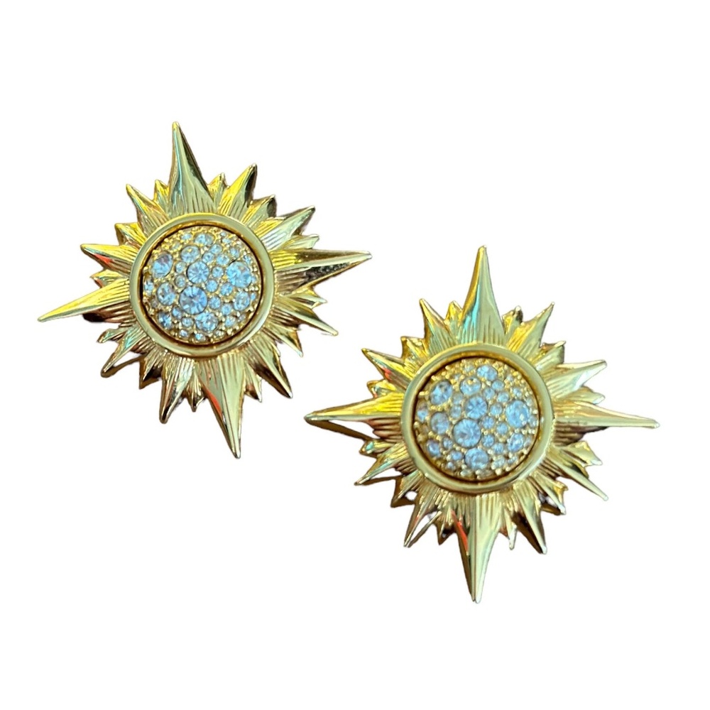 Vintage SAL Swarovski Starburst North Star Clip-On Earrings –Gold with Crystals